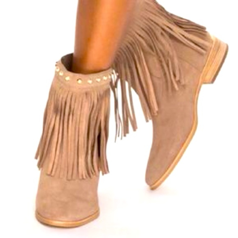 MICHAEL KORS BILLY TAUPE SUEDE STUDDED FRINGE ALMOND TOE SLIP ON BOOTIE